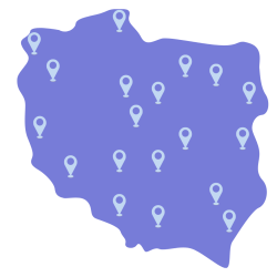 mapa konturowa Polski, z zaznaczonymi miejscami z których zespoły uczestniczą w projekcie